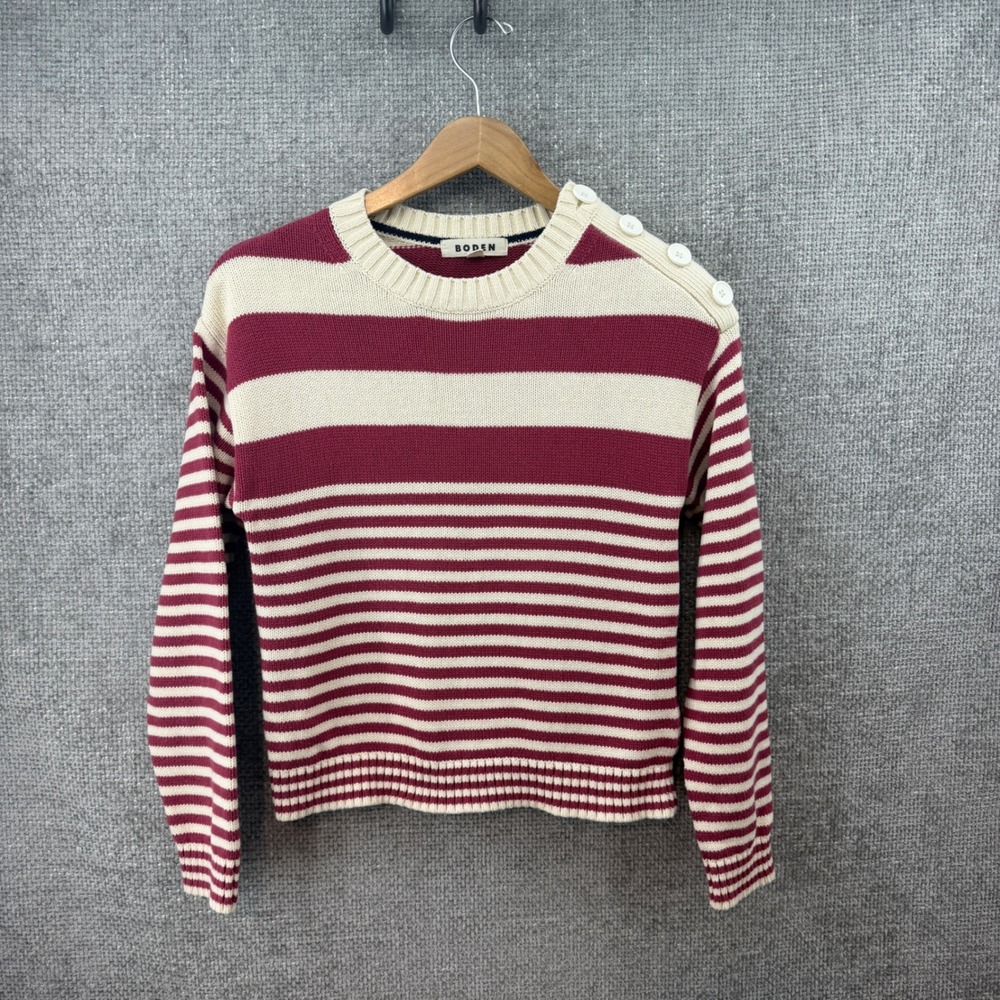 Boden Jemma Chunky 100% Cotton Sweater Women XS Burgundy Striped Button Accent‎